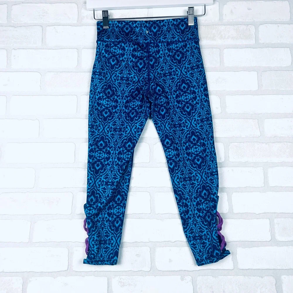 Old Navy Active Girls Blue Patterned Leggings with Criss Cross Detail Size M (8)